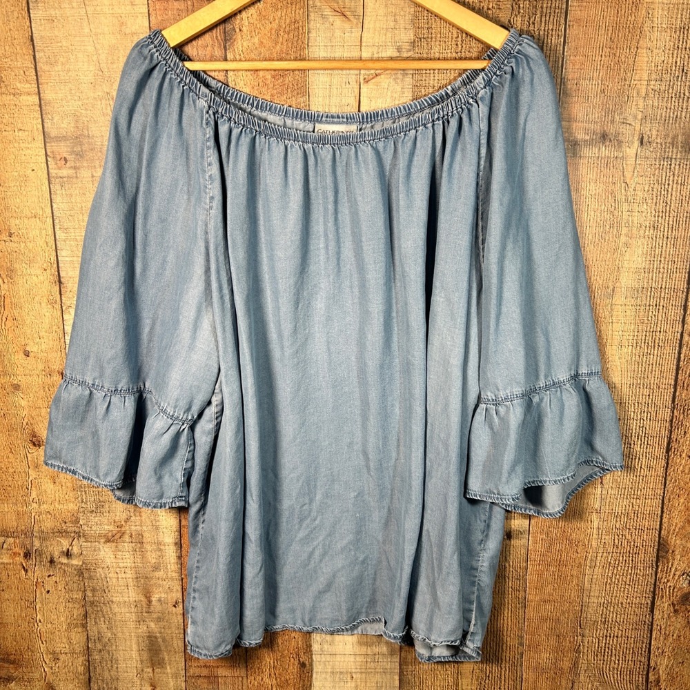 Catherines Blue 100% Lyocell Off Shoulder Ruffle Sleeve Blouse Top Plus Size 3X